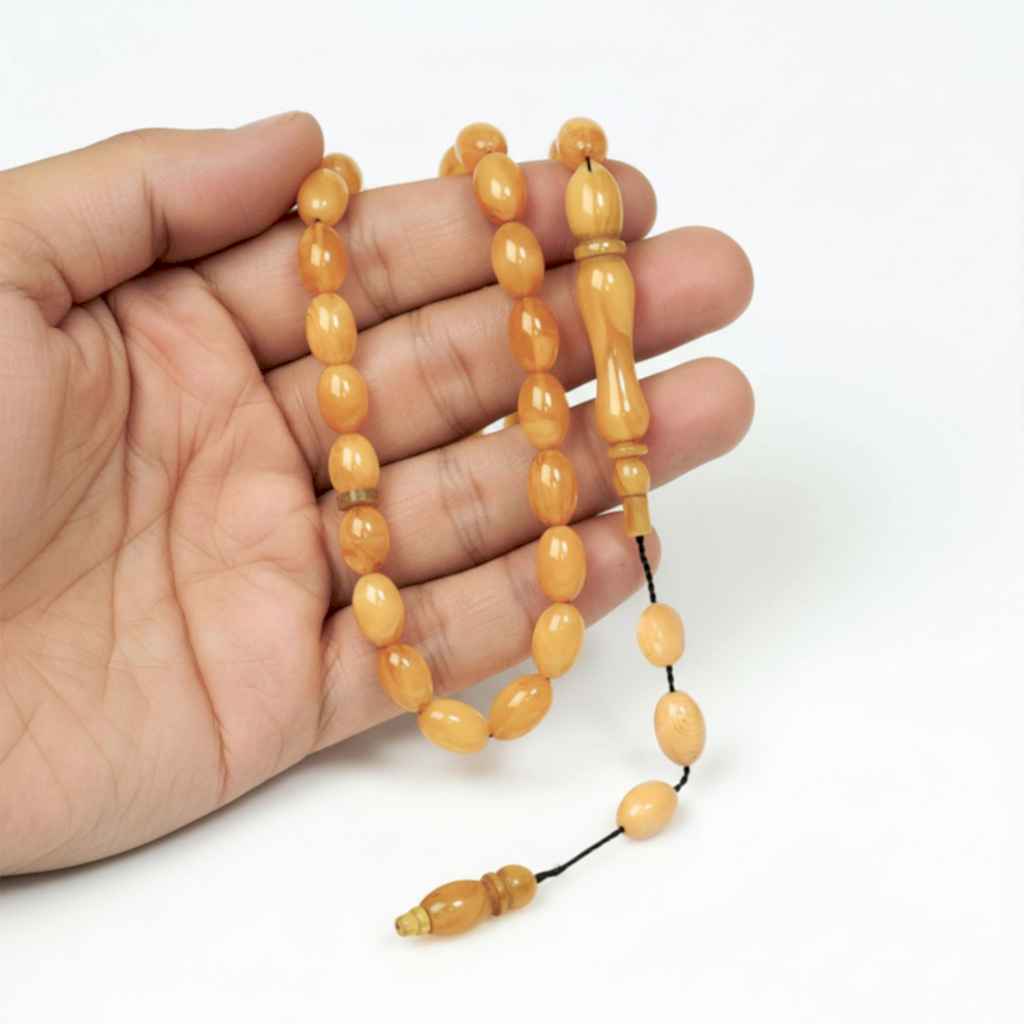 Hareli Sarı Sıkma Kehribar Tesbih (7×11 mm)