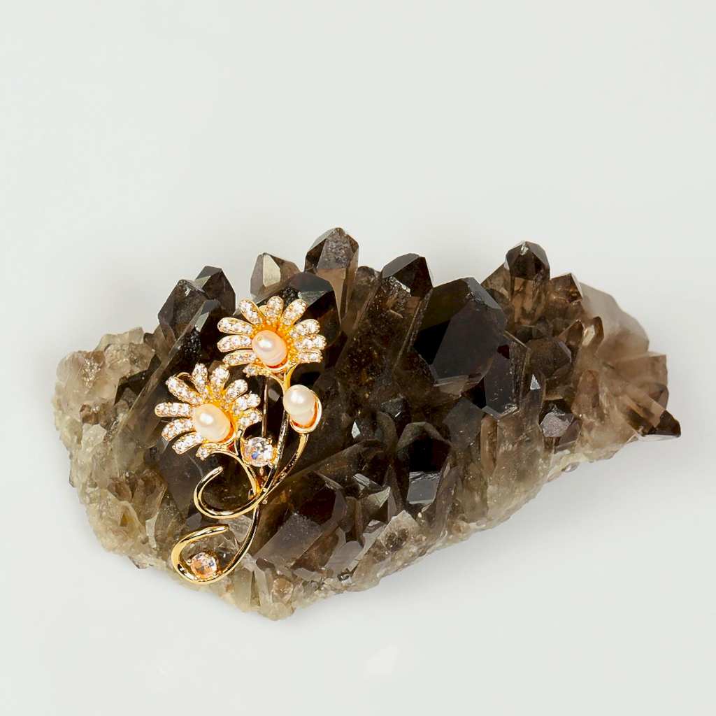 İncili Altın Renk Papatya Buketi Broş - Gerçek İnci