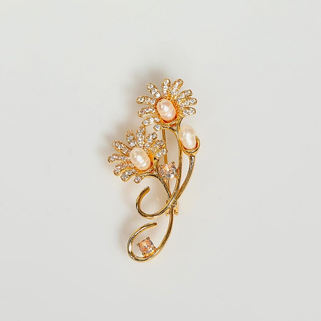 İncili Altın Renk Papatya Buketi Broş - Gerçek İnci