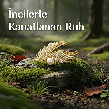 Kanat Şeklinde İncili Altın Renk Broş - Gerçek İnci