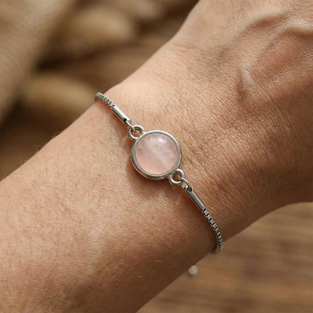 Açık Renkli Pembe Kuvars Taşı Çelik Bileklik 10 mm – Kararmaz