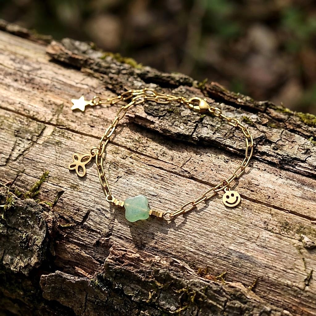 Yonca Formlu Yeşil Çilek Kuvars Taşlı Gold Çelik Bileklik