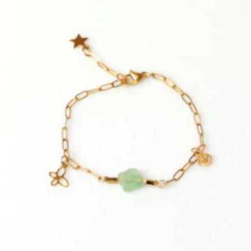 Yonca Formlu Yeşil Çilek Kuvars Taşlı Gold Çelik Bileklik