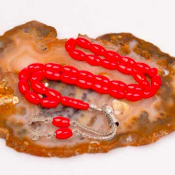 Arpa Kesim Kırmızı Mercan Tesbih (6*9 mm) - Boyalı Mercan