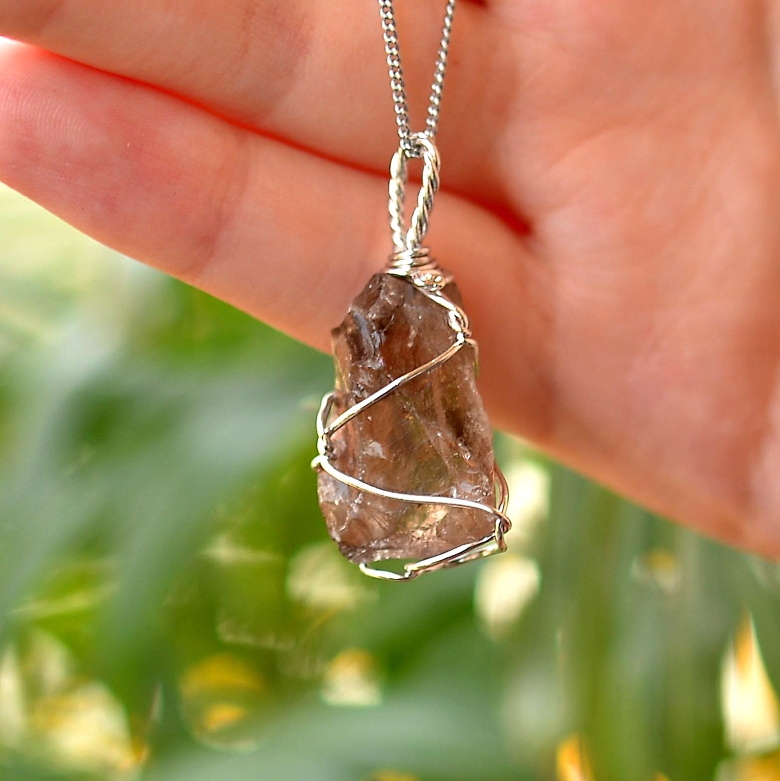 Ham Dumanlı Kuvars Taşı Kolye   Tel Sargılı