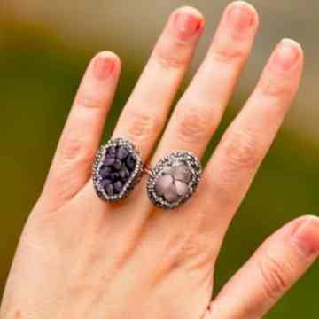 İki Adet Doğal Taş Ayarlamalı Yüzük / Ametist - Pembe Kuvars Taşı