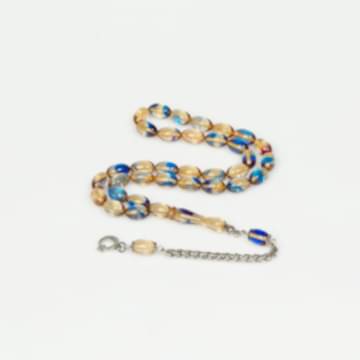 Kırık Beyaz Mavi Hareli Çelik Püsküllü Sıkma Kehribar Tesbih (7*11 mm)