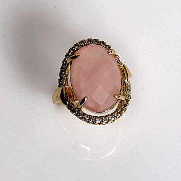 Taş Süslemeli Pembe Kuvars Taşı Yüzük - Altın Renkli Ayarlamalı Yüzük